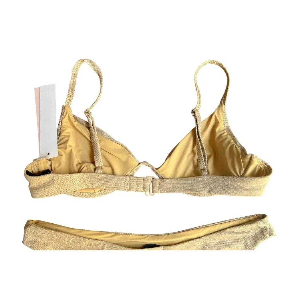 AQUA SWIM BLOOMINGDALES WOMENS MEDIUM WIRE TRIANGLE BIKINI SET SHIMMER GOLD NEW